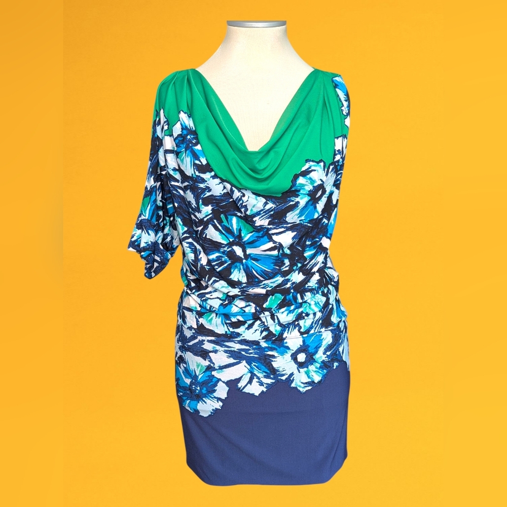 BCBGMaxAzria One Shoulder Mini  Dress in Green and Blue Floral